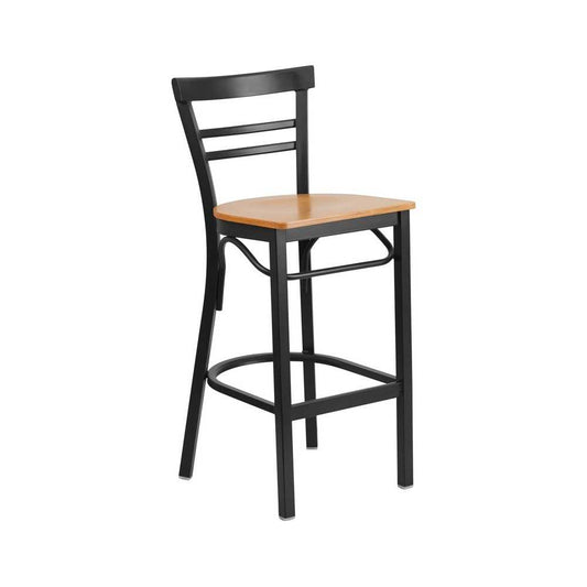 Black Two-Slat Ladder Back Metal Restaurant Barstool - Natural Wood Seat