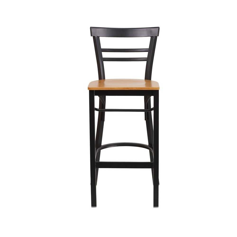 Black Two-Slat Ladder Back Metal Restaurant Barstool - Natural Wood Seat