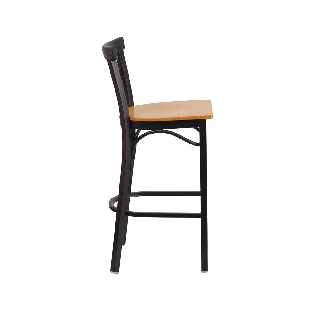 Black Two-Slat Ladder Back Metal Restaurant Barstool - Natural Wood Seat