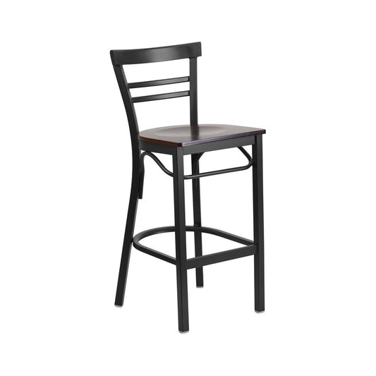 Black Two-Slat Ladder Back Metal Restaurant Barstool - Walnut Wood Seat