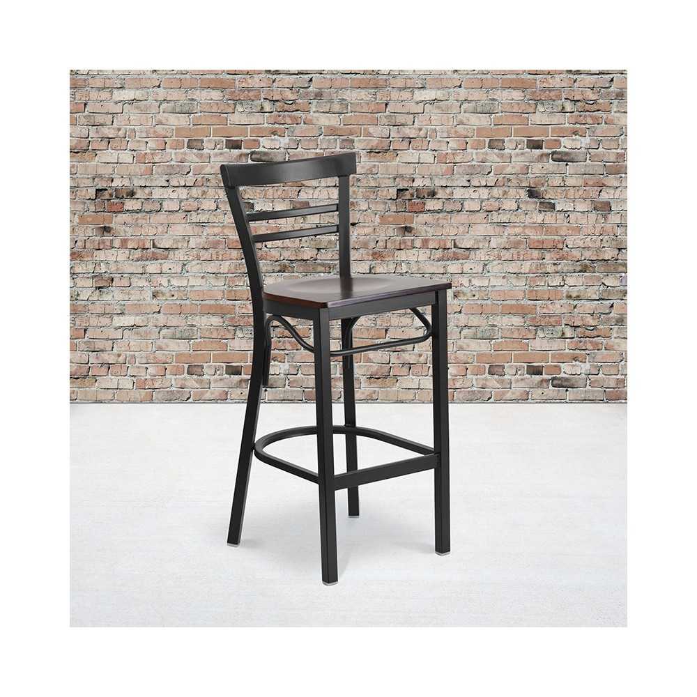 Black Two-Slat Ladder Back Metal Restaurant Barstool - Walnut Wood Seat