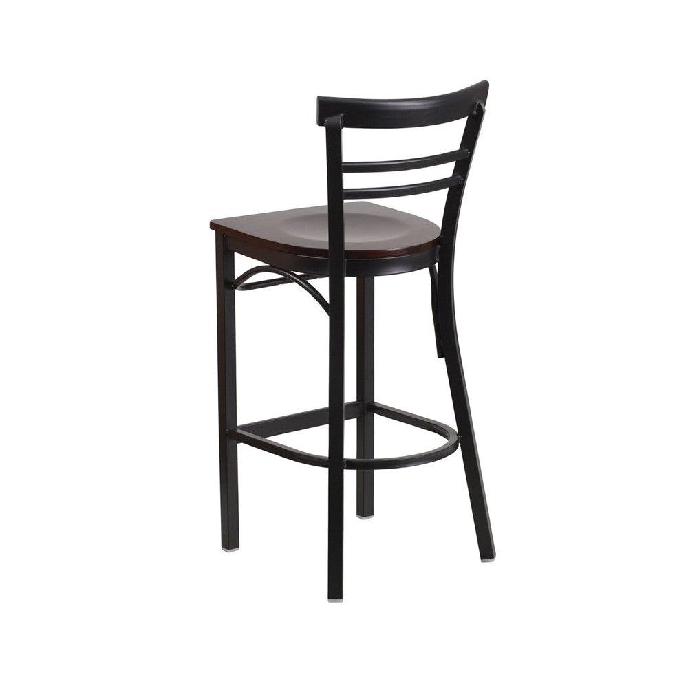 Black Two-Slat Ladder Back Metal Restaurant Barstool - Walnut Wood Seat