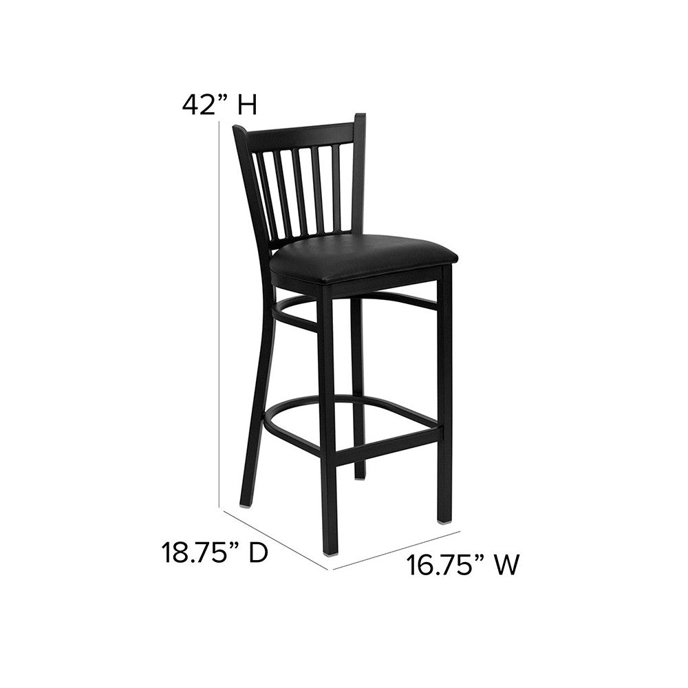 Black Vertical Back Metal Restaurant Barstool - Black Vinyl Seat