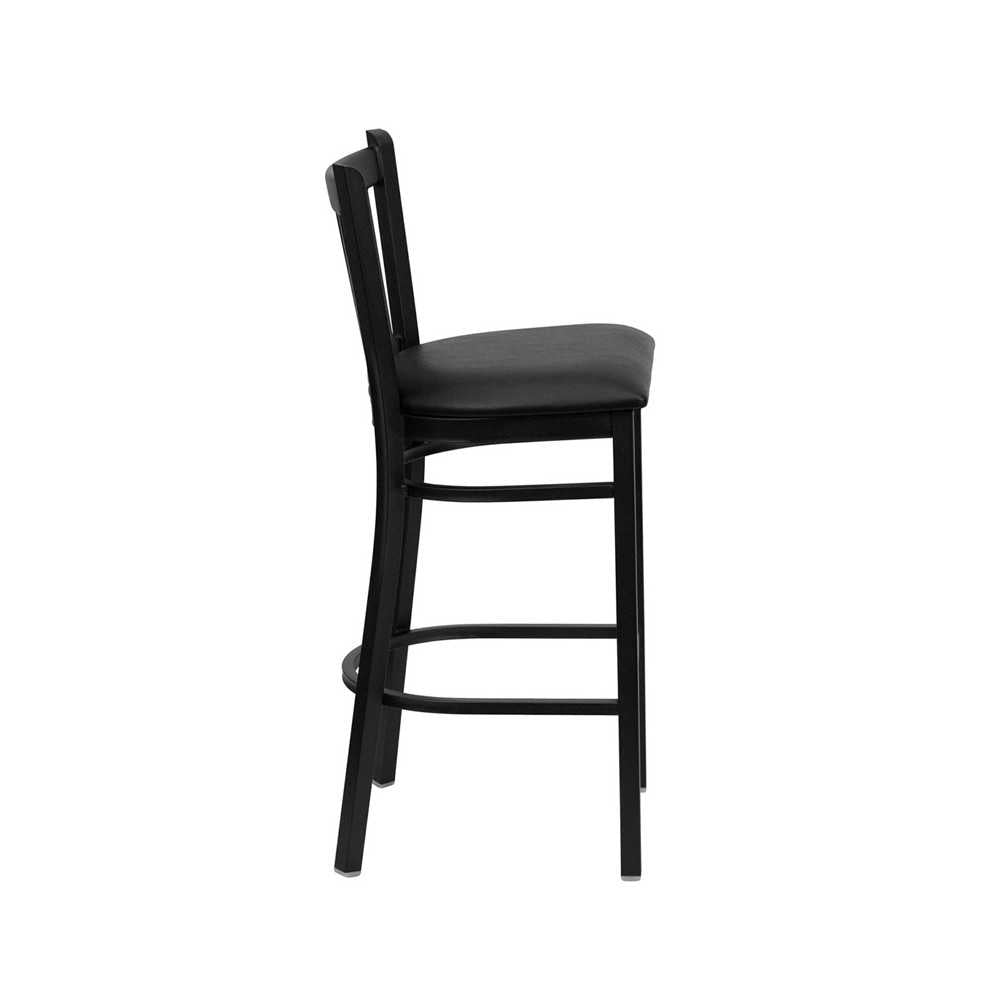 Black Vertical Back Metal Restaurant Barstool - Black Vinyl Seat