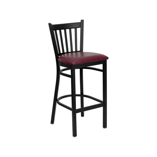 Black Vertical Back Metal Restaurant Barstool - Burgundy Vinyl Seat
