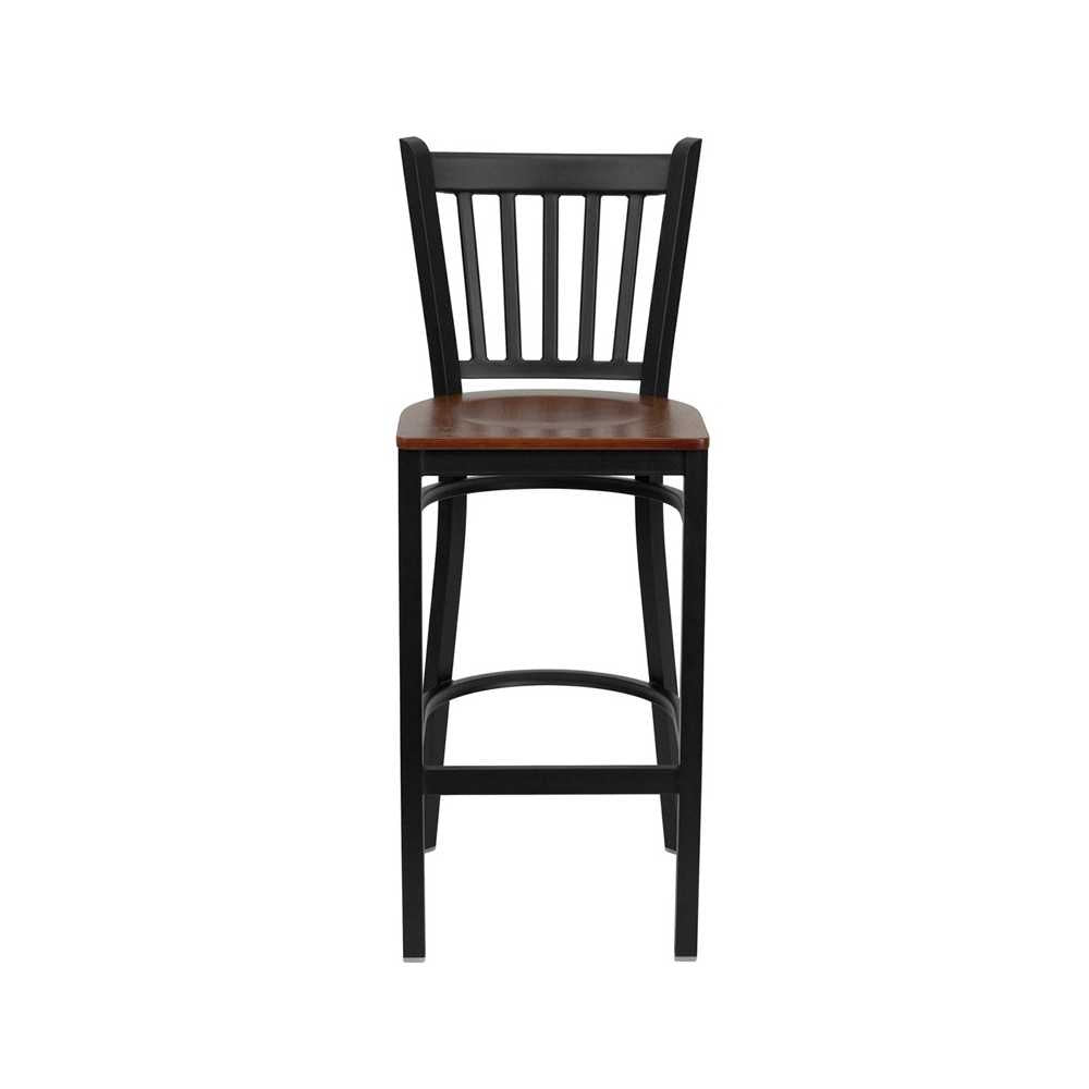 Black Vertical Back Metal Restaurant Barstool - Cherry Wood Seat