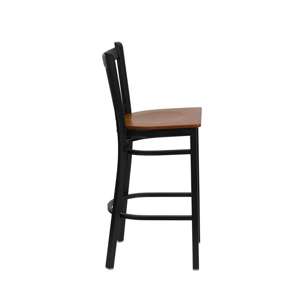 Black Vertical Back Metal Restaurant Barstool - Cherry Wood Seat