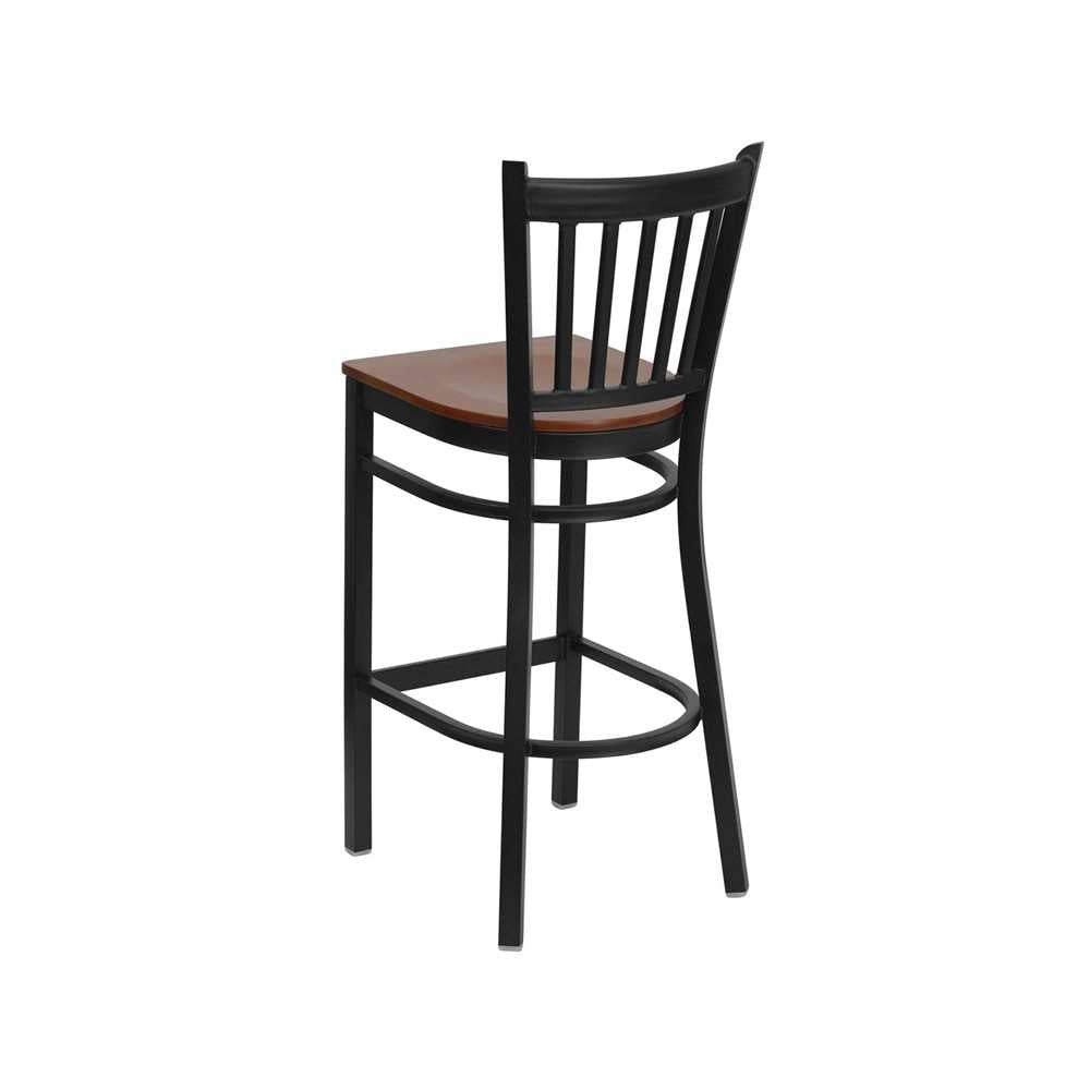Black Vertical Back Metal Restaurant Barstool - Cherry Wood Seat