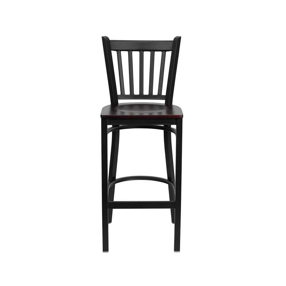 Black Vertical Back Metal Restaurant Barstool - Mahogany Wood Seat