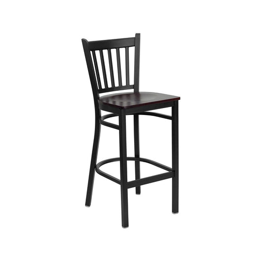 Black Vertical Back Metal Restaurant Barstool - Mahogany Wood Seat
