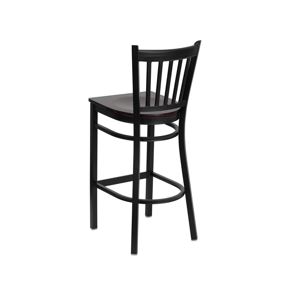 Black Vertical Back Metal Restaurant Barstool - Mahogany Wood Seat