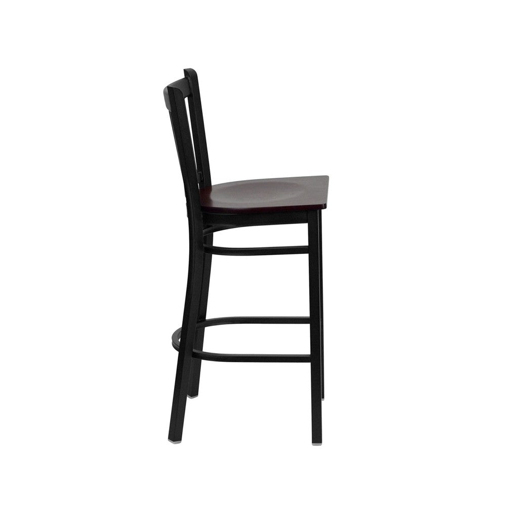 Black Vertical Back Metal Restaurant Barstool - Mahogany Wood Seat