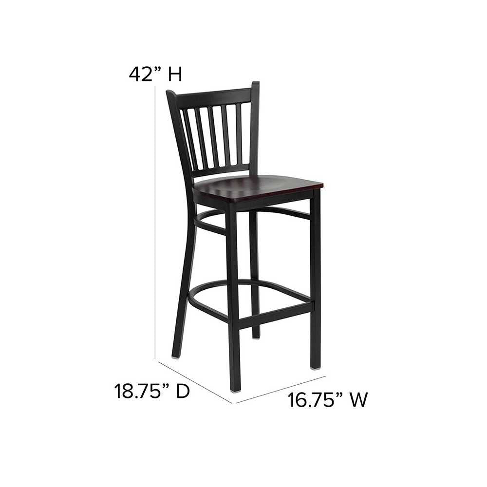 Black Vertical Back Metal Restaurant Barstool - Mahogany Wood Seat