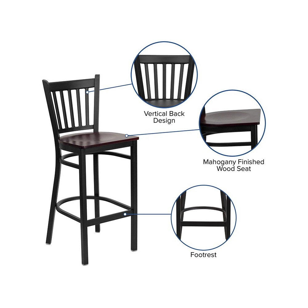 Black Vertical Back Metal Restaurant Barstool - Mahogany Wood Seat