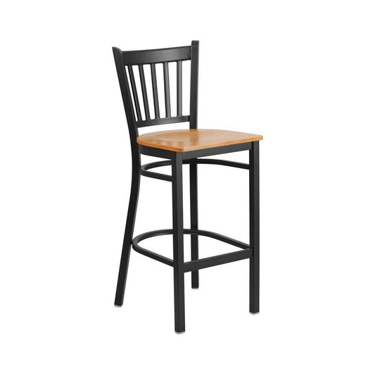 Black Vertical Back Metal Restaurant Barstool - Natural Wood Seat