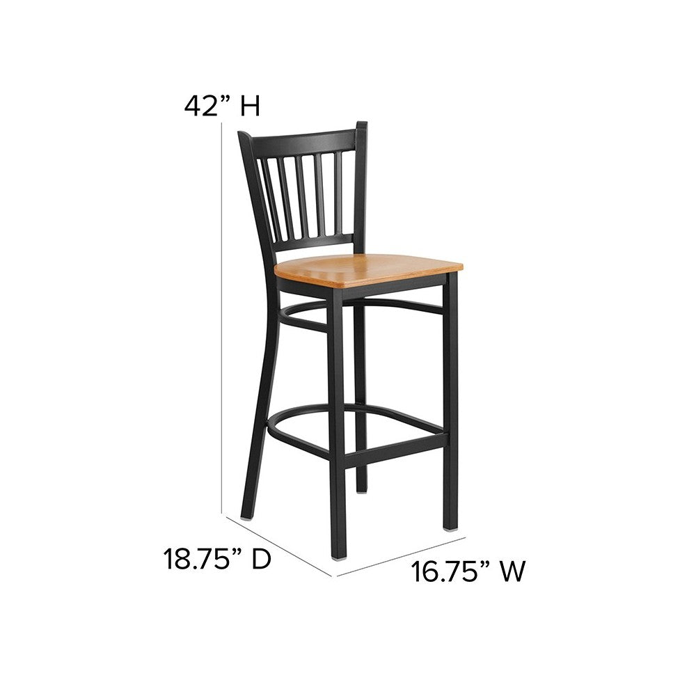 Black Vertical Back Metal Restaurant Barstool - Natural Wood Seat