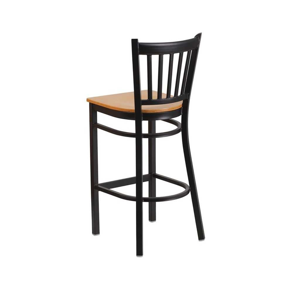 Black Vertical Back Metal Restaurant Barstool - Natural Wood Seat