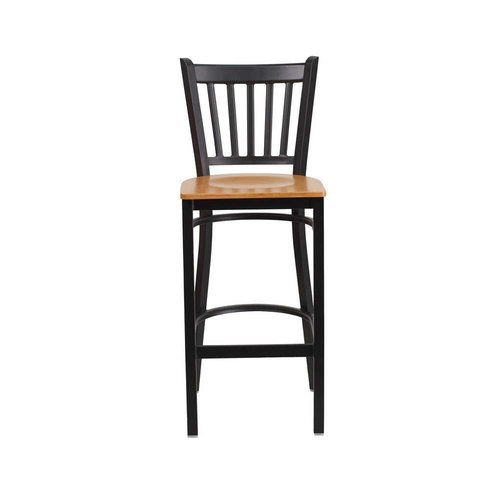 Black Vertical Back Metal Restaurant Barstool - Natural Wood Seat