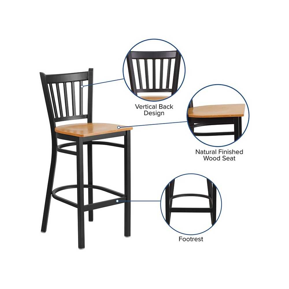 Black Vertical Back Metal Restaurant Barstool - Natural Wood Seat