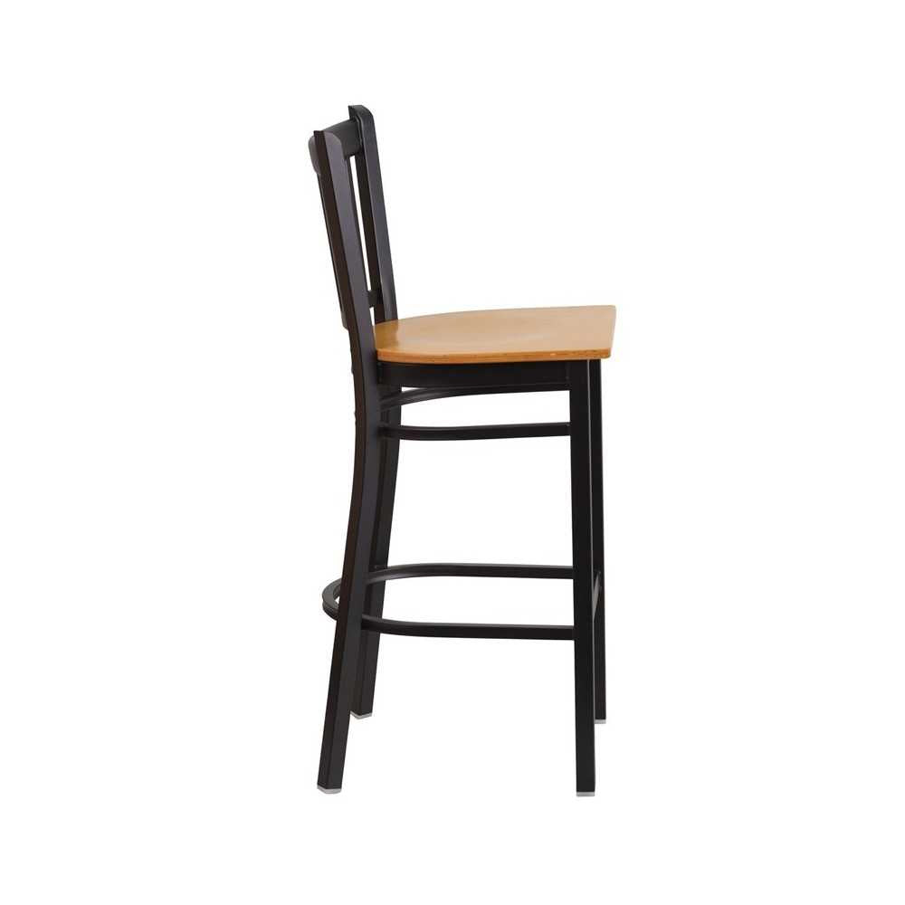 Black Vertical Back Metal Restaurant Barstool - Natural Wood Seat