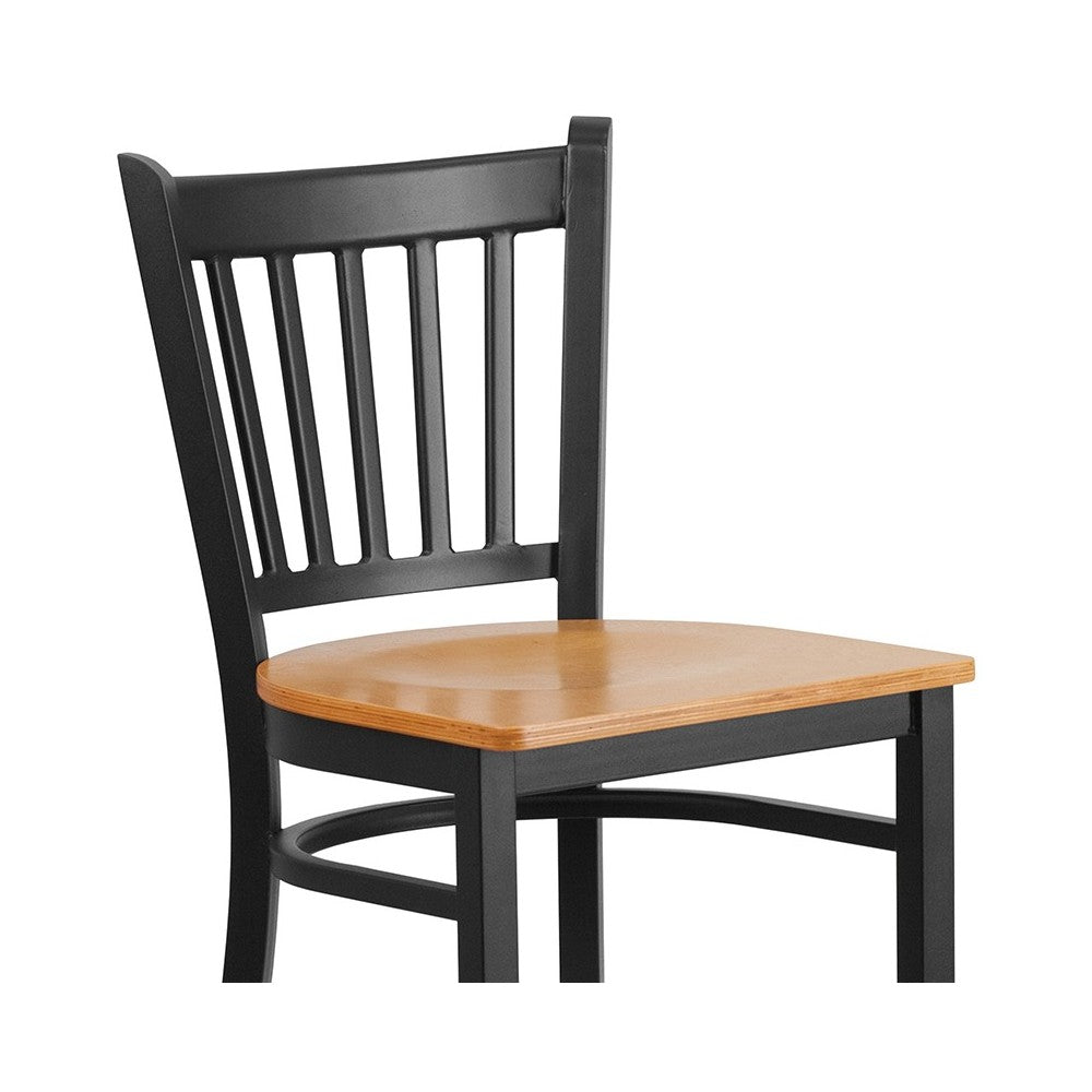 Black Vertical Back Metal Restaurant Barstool - Natural Wood Seat