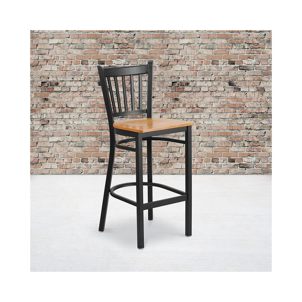 Black Vertical Back Metal Restaurant Barstool - Natural Wood Seat