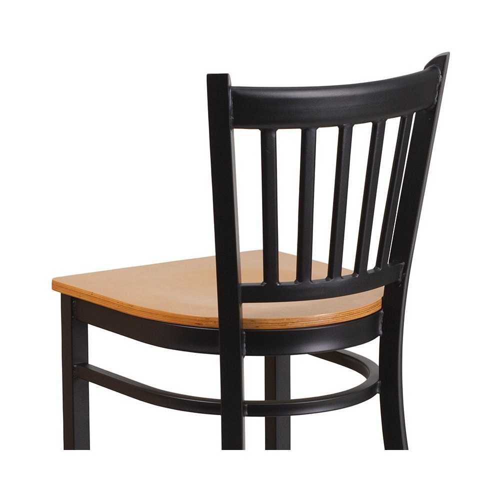 Black Vertical Back Metal Restaurant Barstool - Natural Wood Seat