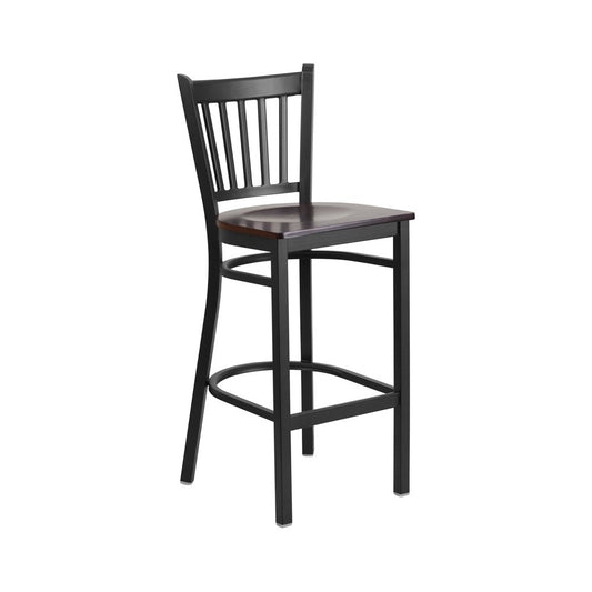 Black Vertical Back Metal Restaurant Barstool - Walnut Wood Seat