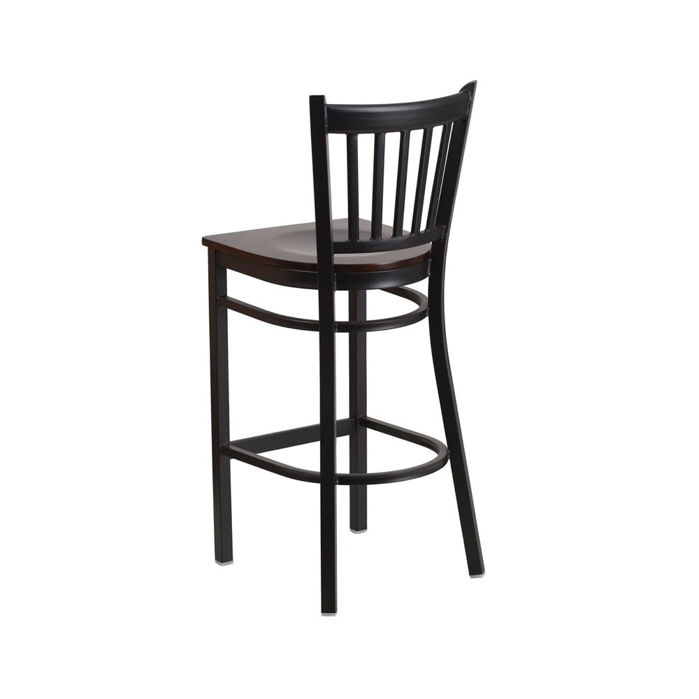 Black Vertical Back Metal Restaurant Barstool - Walnut Wood Seat