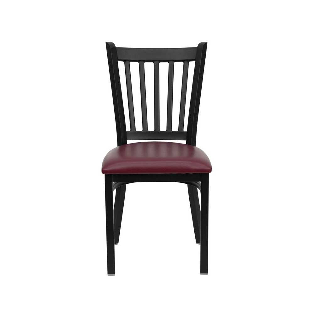 Black Vertical Back Metal Restaurant Chair - Burgundy Vinyl Seat