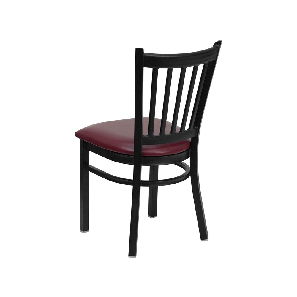 Black Vertical Back Metal Restaurant Chair - Burgundy Vinyl Seat