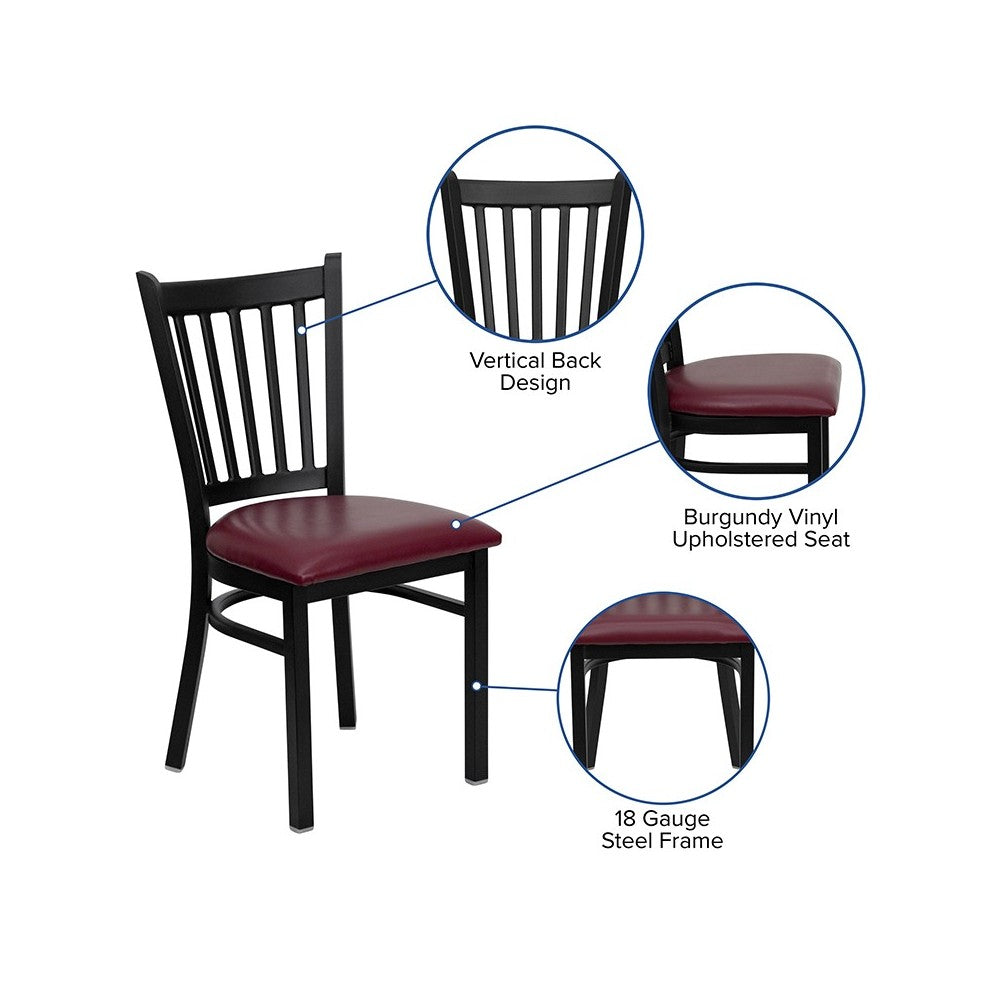 Black Vertical Back Metal Restaurant Chair - Burgundy Vinyl Seat
