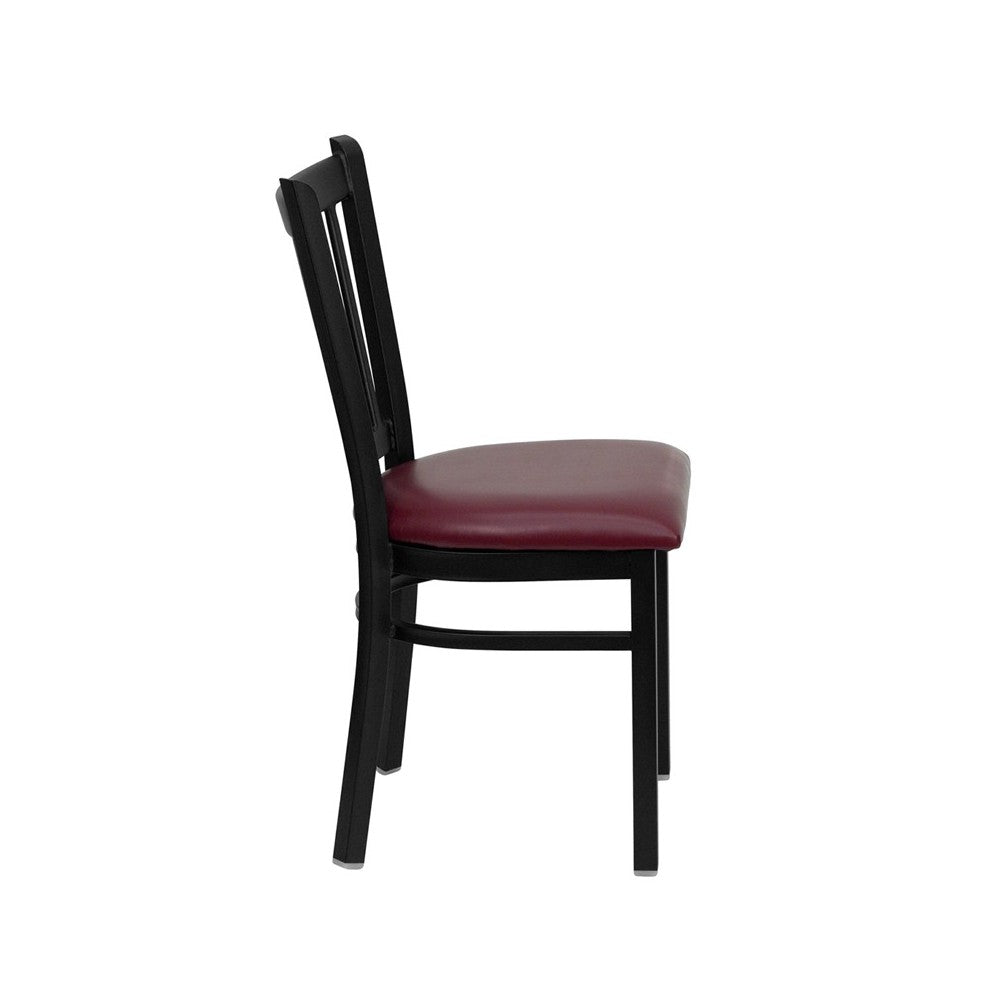Black Vertical Back Metal Restaurant Chair - Burgundy Vinyl Seat