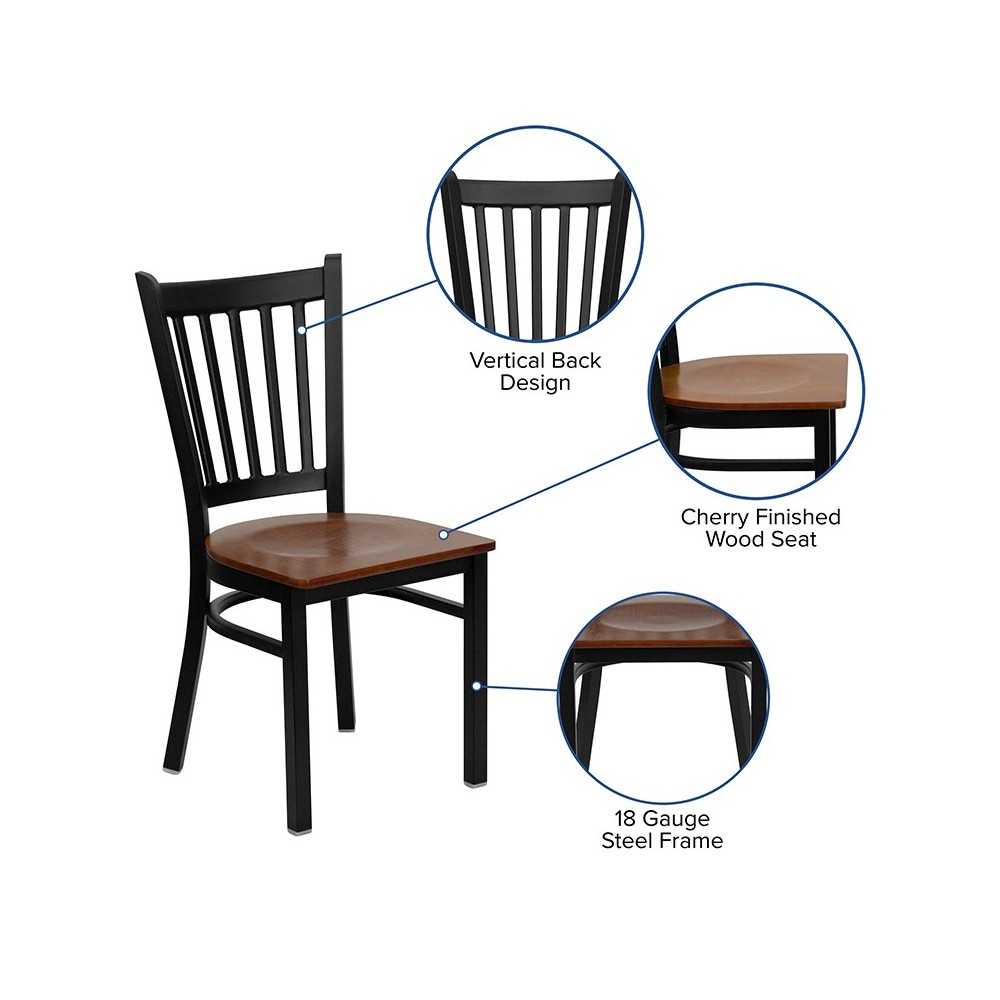 Black Vertical Back Metal Restaurant Chair - Cherry Wood Seat