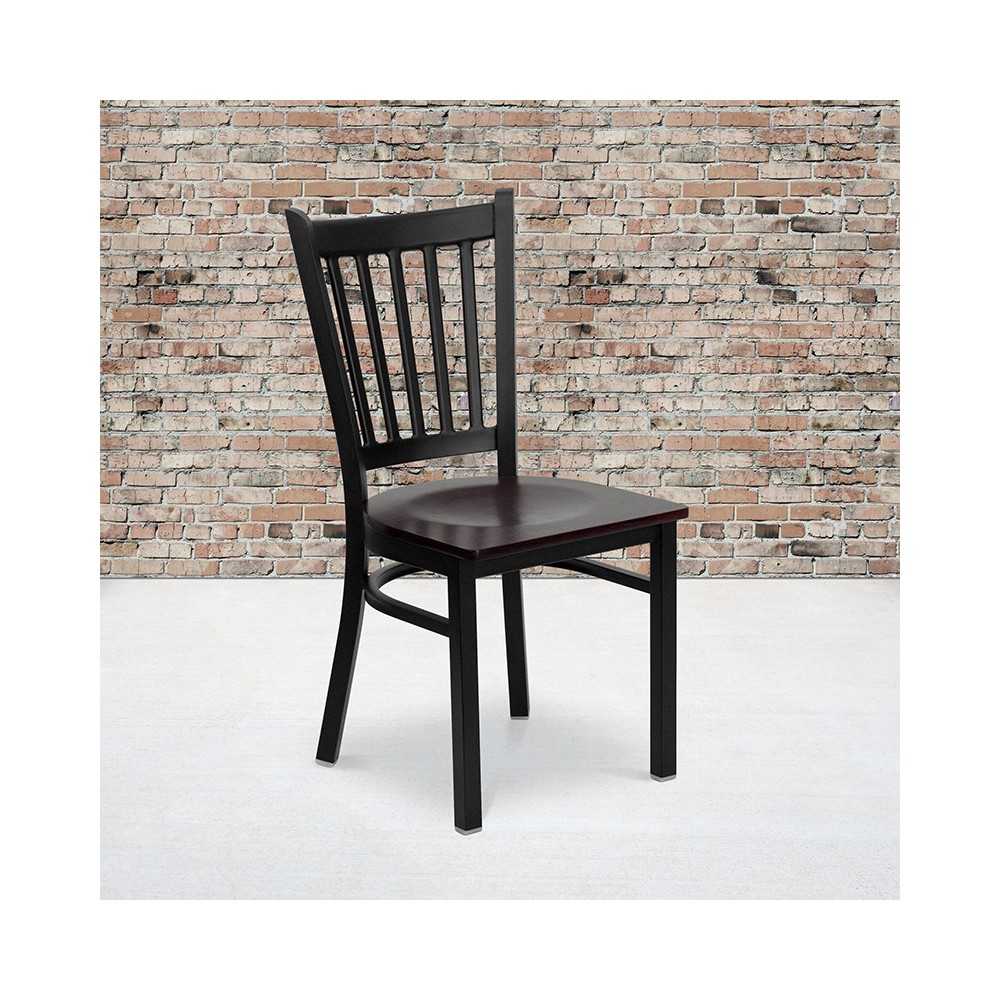 Black Vertical Back Metal Restaurant Chair - Mahogany Wood Seat