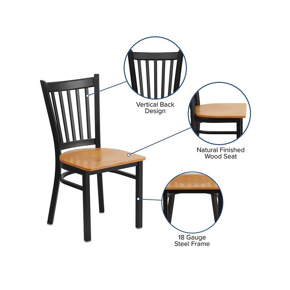 Black Vertical Back Metal Restaurant Chair - Natural Wood Seat