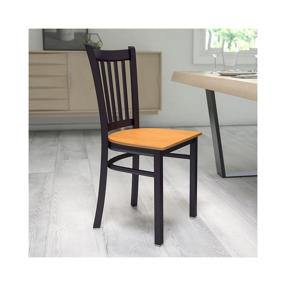Black Vertical Back Metal Restaurant Chair - Natural Wood Seat