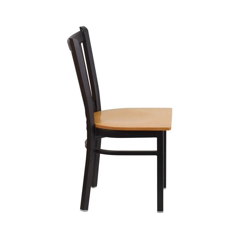 Black Vertical Back Metal Restaurant Chair - Natural Wood Seat