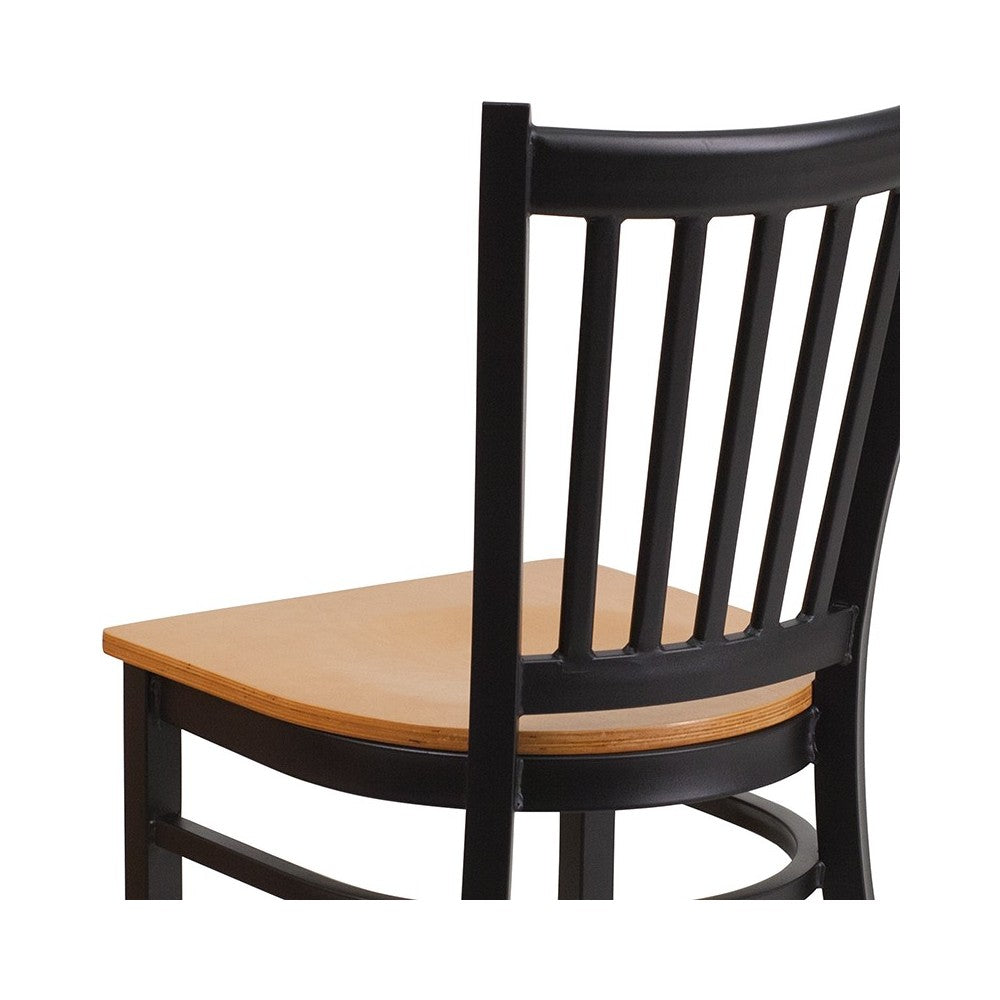 Black Vertical Back Metal Restaurant Chair - Natural Wood Seat