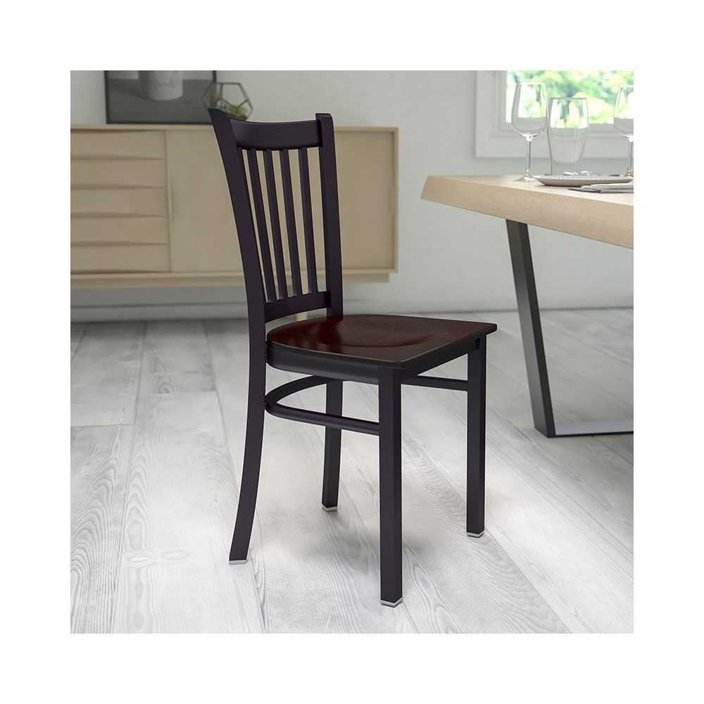 Black Vertical Back Metal Restaurant Chair - Walnut Wood Seat