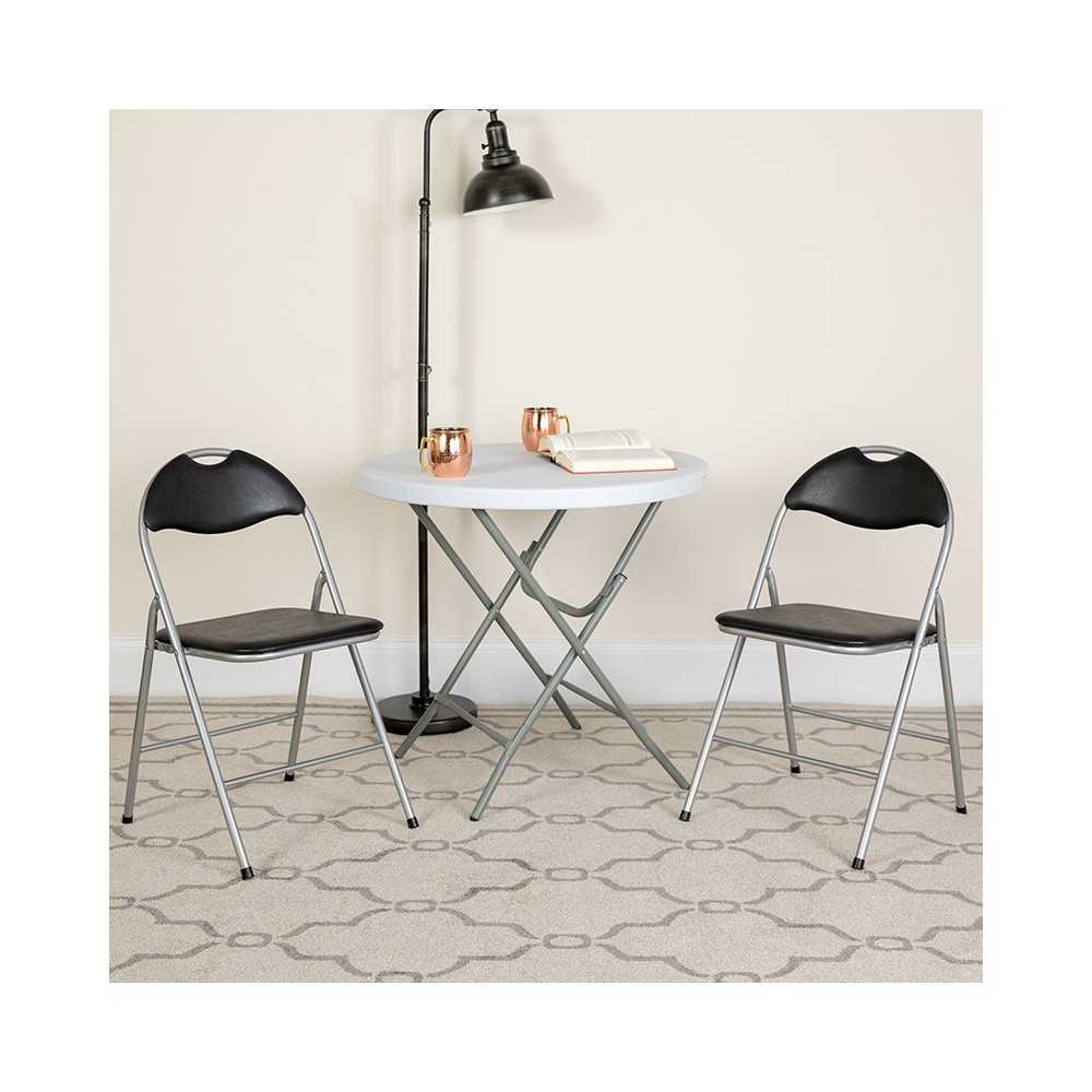 Black Vinyl Metal Folding Chair with Carrying Handle