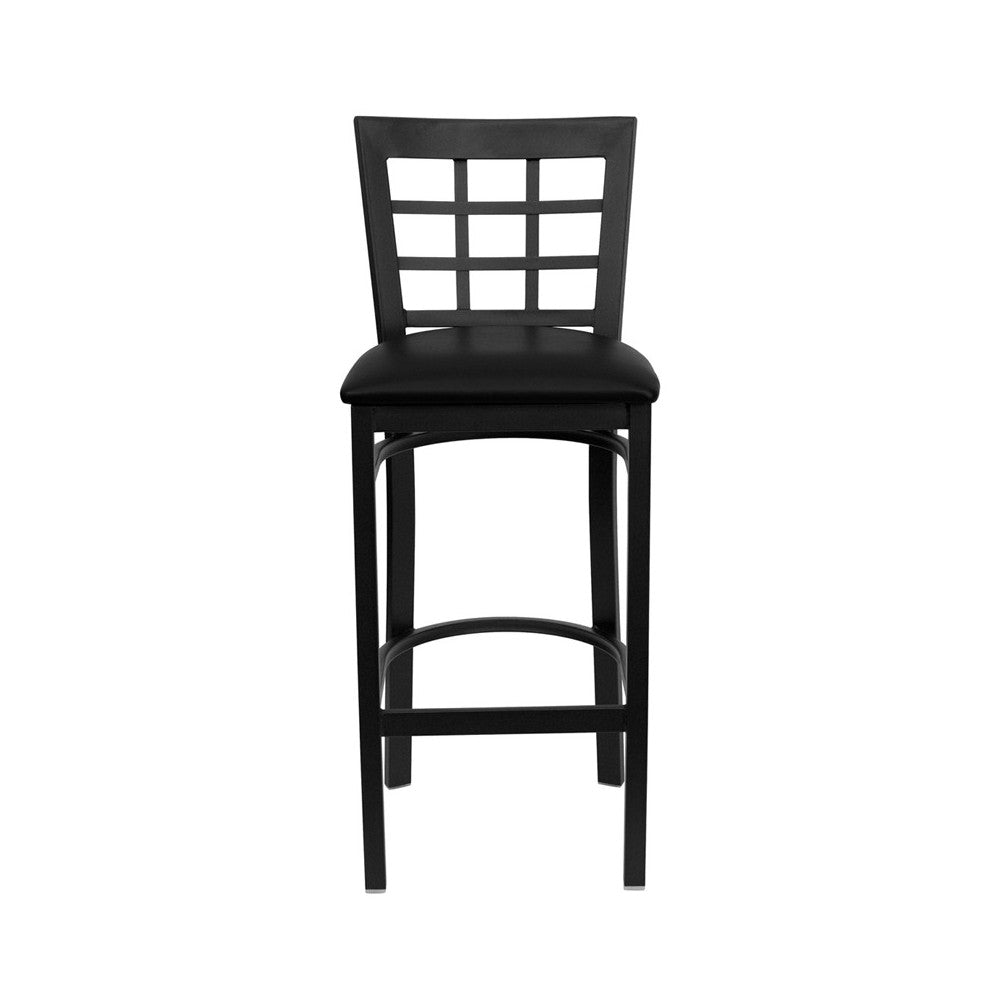 Black Window Back Metal Restaurant Barstool - Black Vinyl Seat