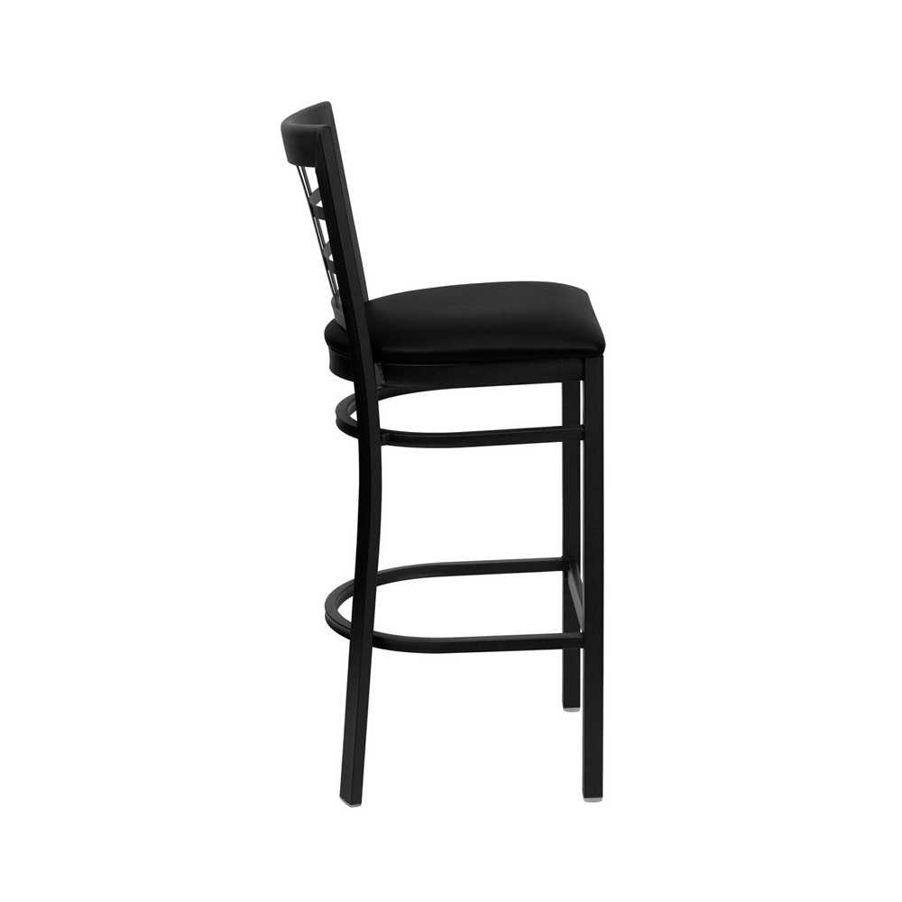 Black Window Back Metal Restaurant Barstool - Black Vinyl Seat