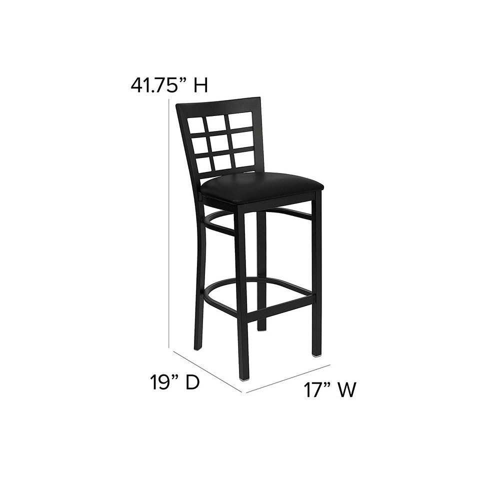Black Window Back Metal Restaurant Barstool - Black Vinyl Seat