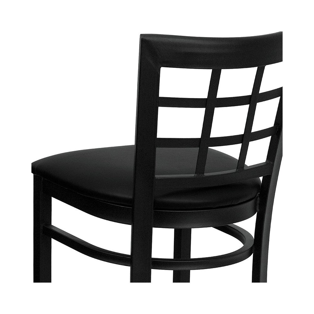 Black Window Back Metal Restaurant Barstool - Black Vinyl Seat