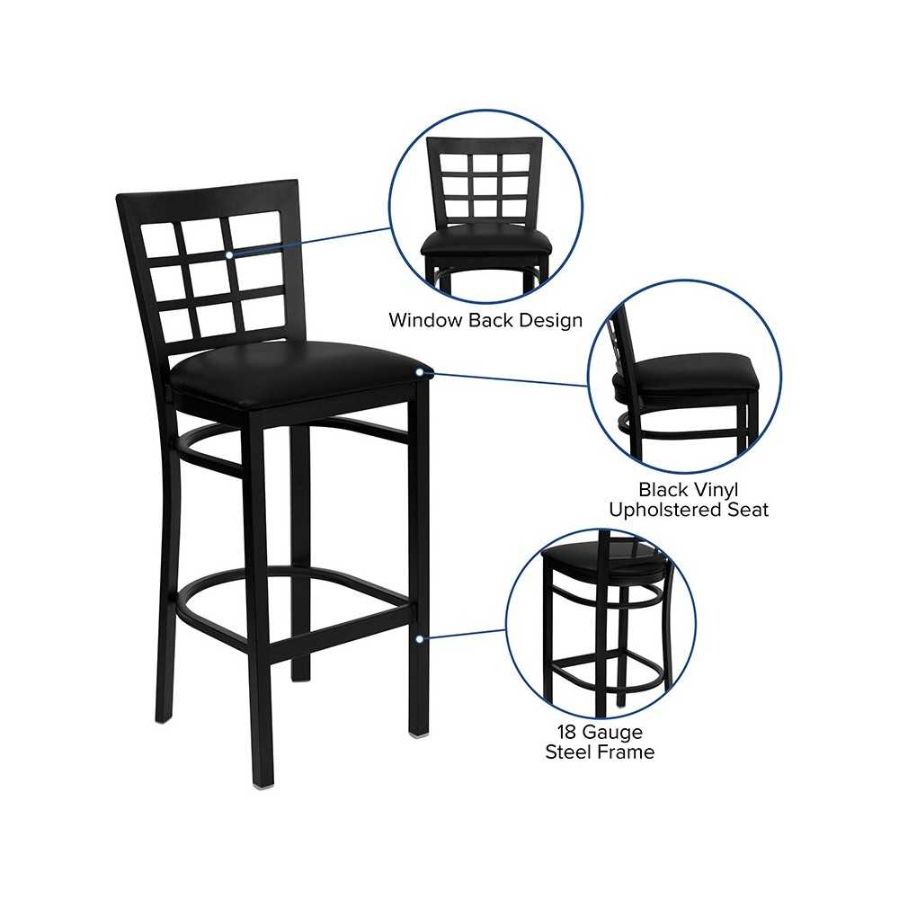Black Window Back Metal Restaurant Barstool - Black Vinyl Seat