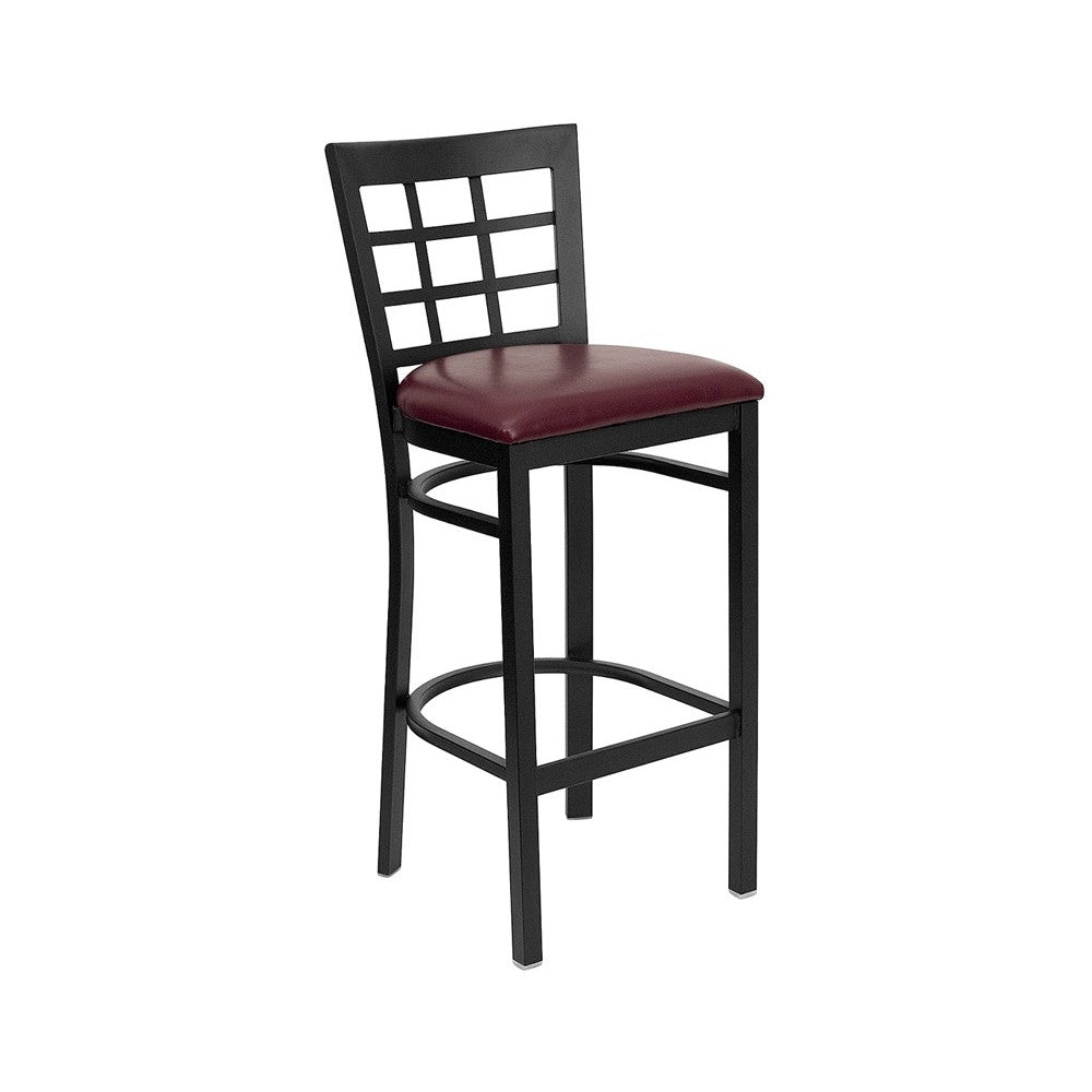 Black Window Back Metal Restaurant Barstool - Burgundy Vinyl Seat