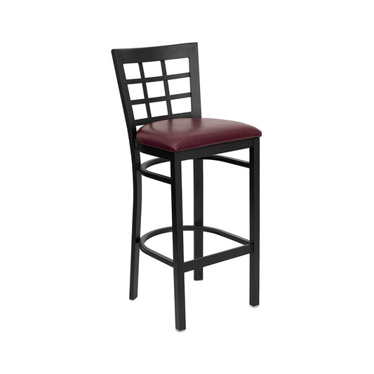 Black Window Back Metal Restaurant Barstool - Burgundy Vinyl Seat
