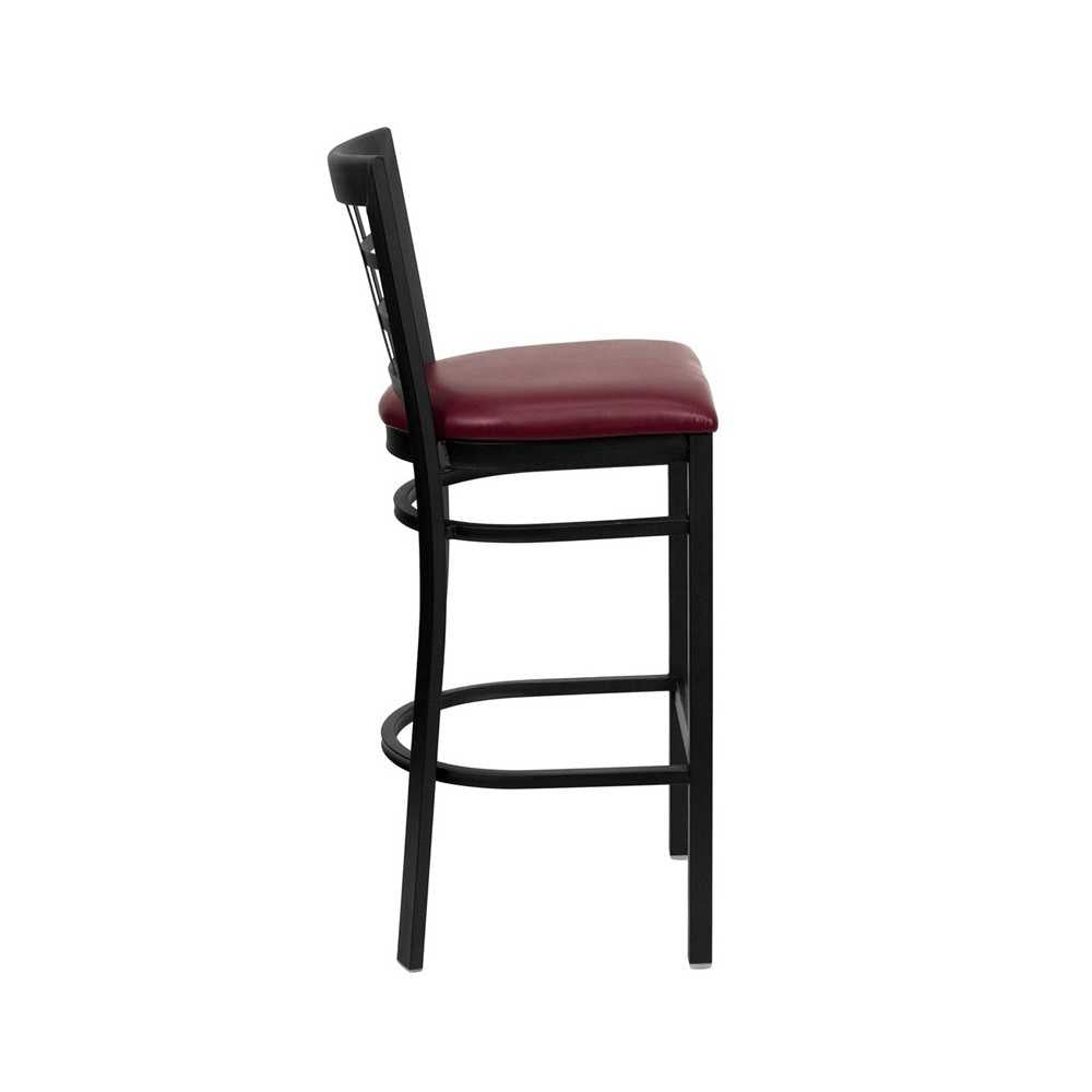 Black Window Back Metal Restaurant Barstool - Burgundy Vinyl Seat