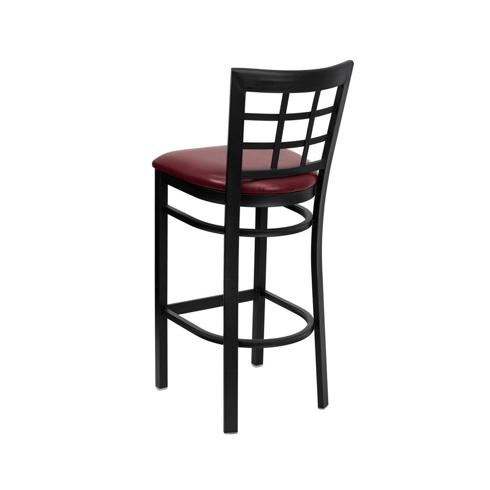 Black Window Back Metal Restaurant Barstool - Burgundy Vinyl Seat